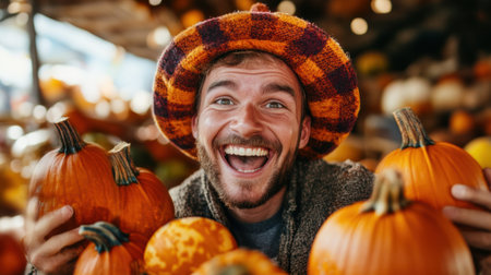 A man in a hat holding pumpkins and smiling, AIの素材