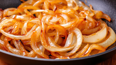 A pan of a skillet filled with onion and other food, AIの素材