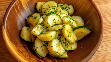 A bowl of sliced cucumbers with a sprinkle on top, AIの素材