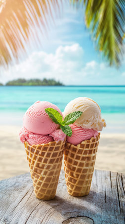 Two ice cream cones with mint and pink on a beach, AIの素材