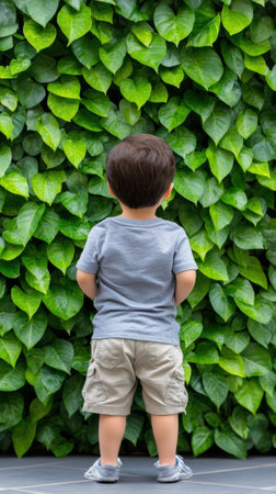 A young boy standing in front of a green wall with plants, AIの素材