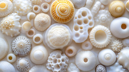 A close up of a variety of seashells arranged in an orderly fashion, AIの素材