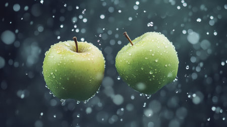 Two green apples are sitting in a bowl of water, AIの素材