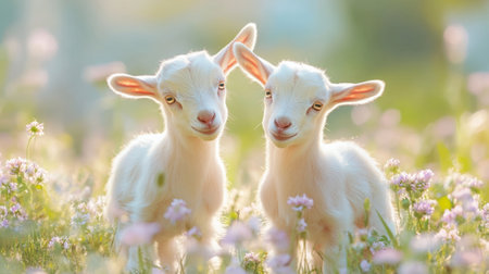 Two baby goats are standing in a field of flowers, AIの素材