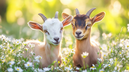 Two goats are sitting in a field of flowers, AIの素材