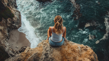 A woman sitting on a cliff overlooking the ocean, AIの素材