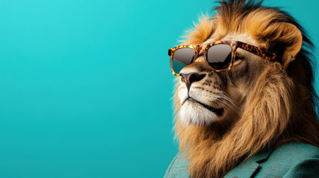 A lion wearing sunglasses and a suit with his head turned, AIの素材