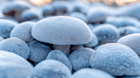 A group of mushrooms covered in snow and ice on a field, AIの素材