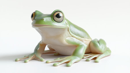 A green frog sitting on a white surface with its eyes open, AIの素材