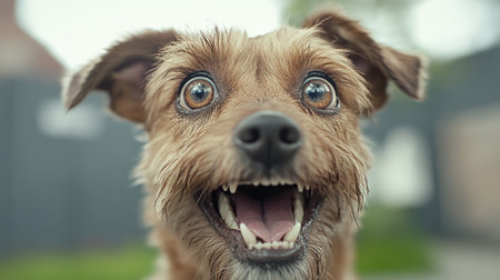 A close up of a dog with its mouth open and eyes wide, AIの素材