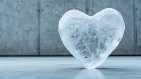 A heart shaped ice sculpture on a table with grey floor, AIの素材