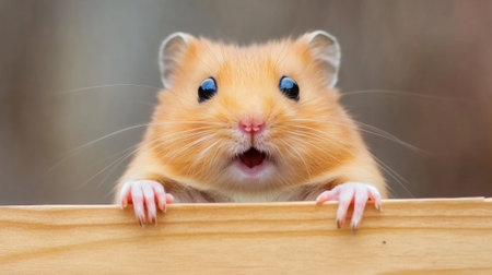 A hamster is looking over a wooden board with its mouth open, AIの素材