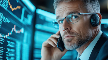 A man in glasses talking on a cell phone while looking at stock charts, AIの素材