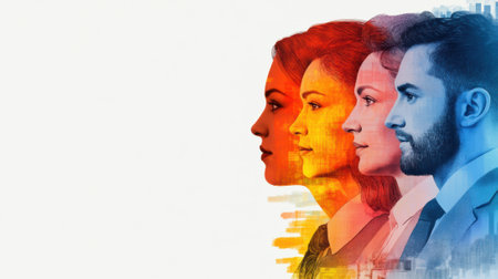 A group of people are shown in a colorful painting, AIの素材