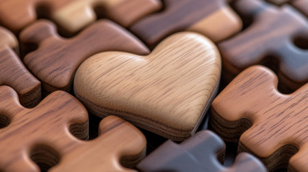 A wooden heart is placed in the middle of a jigsaw puzzle, AIの素材