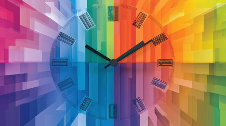 A colorful clock with a rainbow background and black numbers, AIの素材
