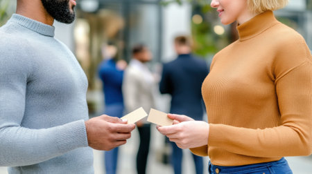 A man and woman holding business cards in front of a crowd, AIの素材