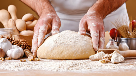 A man kneading a ball of dough on top of wooden table, AIの素材