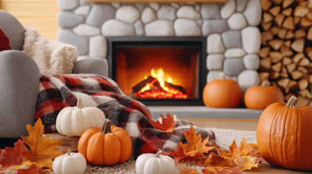 A room with a fireplace and pumpkins in front of it, AIの素材