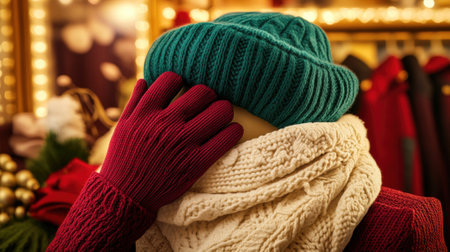 A mannequin wearing a red hat and gloves with a blue knit cap, AIの素材