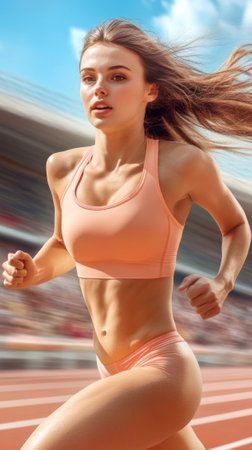 A woman in a sports bra running on the track, AIの素材