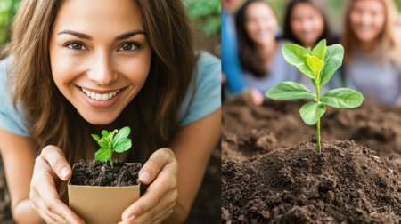 A woman holding a plant in her hand and smiling at the camera, AIの素材