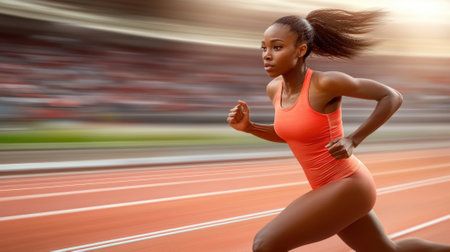 A woman in orange running on a track with her hair blowing, AIの素材