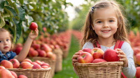 A little girl holding a basket of apples in an orchard, AIの素材