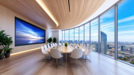 A large dining room with a view of the city and ocean, AIの素材