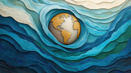 A painting of a globe in the middle of waves and water, AIの素材