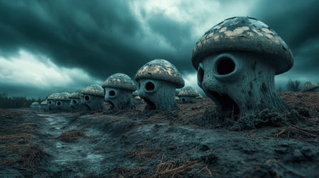 A group of mushroom heads are lined up in a row, AIの素材