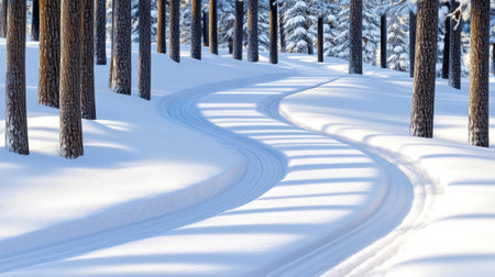 A snow covered road in the middle of a forest, AIの素材