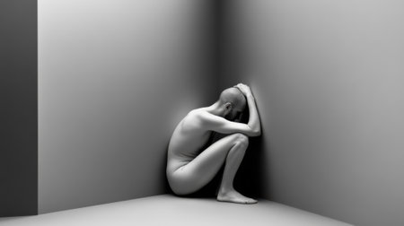 A nude man sitting in a corner with his head down, AIの素材