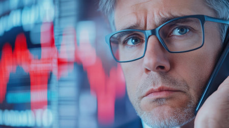 A man in glasses talking on a cell phone with stock market graphs behind him, AIの素材