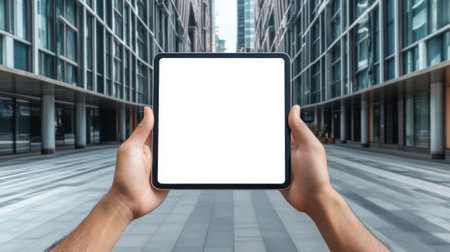 A person holding a tablet in front of them with blank screen, AIの素材