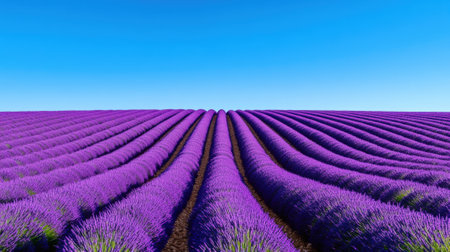 A field of lavender plants with a blue sky in the background, AIの素材