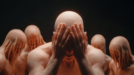 A group of people with their hands covering their faces, AIの素材