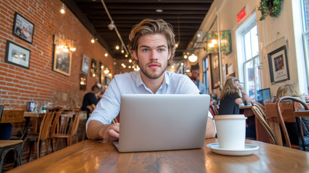 A man sitting at a table with his laptop open, AIの素材