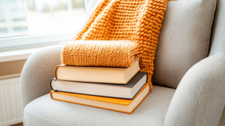 A stack of books on a chair with an orange blanket, AIの素材