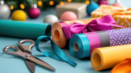 A table with rolls of wrapping paper and scissors next to christmas decorations, AIの素材