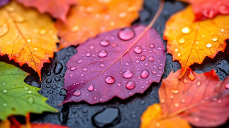 A close up of a bunch of colorful leaves with water droplets on them, AIの素材