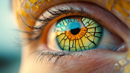 A close up of a persons eye with an iris made out of mosaic tiles, AIの素材