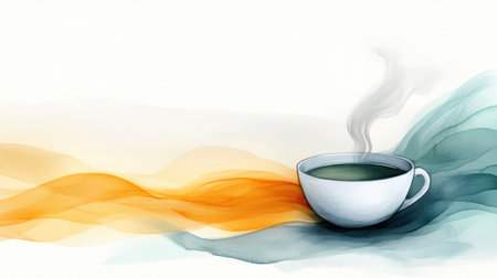 A cup of coffee is steaming on a colorful background, AIの素材