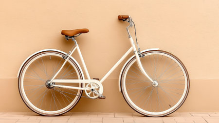A white bicycle leaning against a tan wall with brown wheels, AIの素材