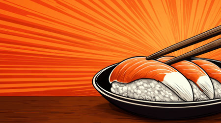 A bowl of sushi with chopsticks on top and a red background, AIの素材