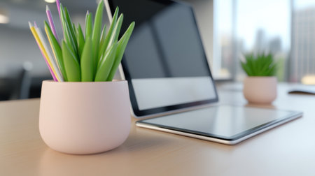 A laptop computer and plant on a desk with an open book, AIの素材