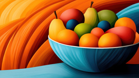 A painting of a bowl full of fruit on an abstract background, AIの素材