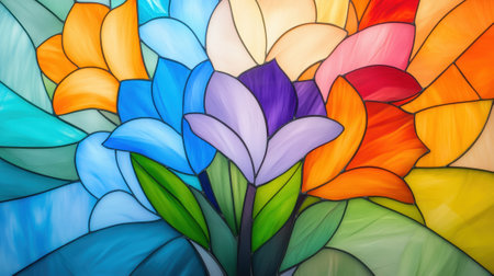 A colorful stained glass painting of flowers in a vase, AIの素材