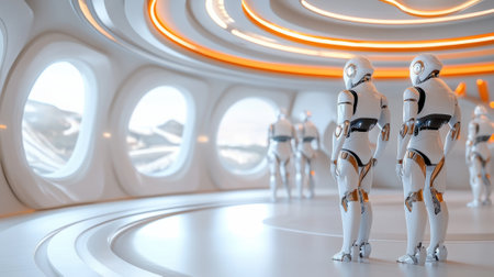 A group of robots standing in a circular room with windows, AIの素材