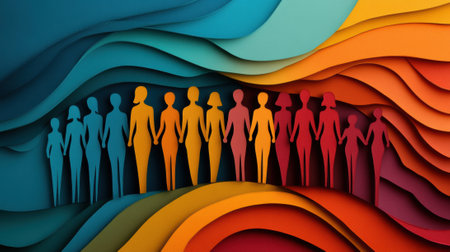A group of people standing in a line with colorful paper cutouts, AIの素材